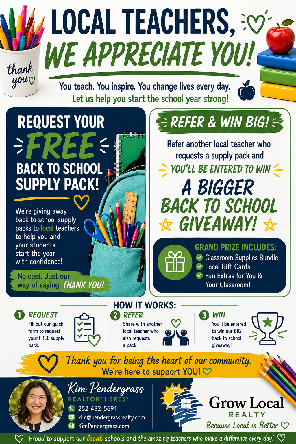 Local Teachers, We Appreciate You &mdash; free back-to-school supply pack flyer from Kim Pendergrass, Grow Local Realty